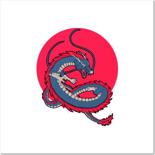 asian japanese dragon with red circle in background Posters and Art